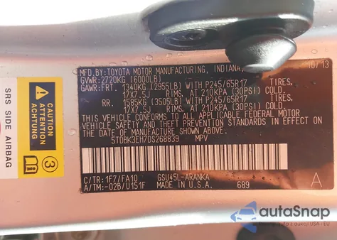 2013 Toyota Highlander Base Plus V6 z USA, uszkodzony, nr VIN 5TDBK3EH7DS268839